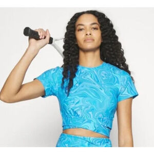 EleVen By Venus Williams Wrapped Cropped Tee Tie Waist Arctic Blue Marble M NWT